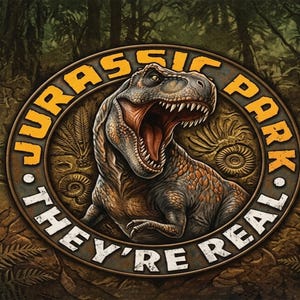 May include: Circular Jurassic Park logo featuring a detailed illustration of a Tyrannosaurus Rex with an open mouth, set against a forest backdrop. The text "JURASSIC PARK" is in yellow, and "THEY'RE REAL" is in white.