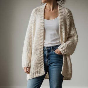 Può includere: Un cardigan color crema con apertura frontale e design a maglia grossa. Il cardigan è indossato sopra una canotta bianca e abbinato a jeans blu. L'outfit è casual e confortevole.