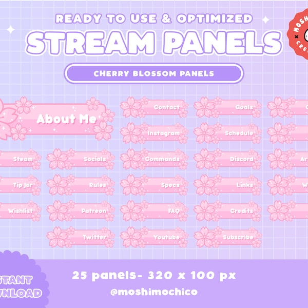 Cute Sparkle Pastel Pink Cherry Blossom Twitch Panels / Kawaii / Streamer / Pastel / Aesthetic / Sakura Petal / Japan