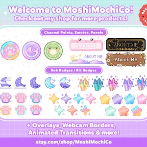 May include: A collection of digital illustrations for Twitch streamers, including channel points, emotes, panels, sub badges, bit badges, overlays, webcam borders, and animated transitions. The illustrations feature a pastel color palette with cute animal and celestial designs.