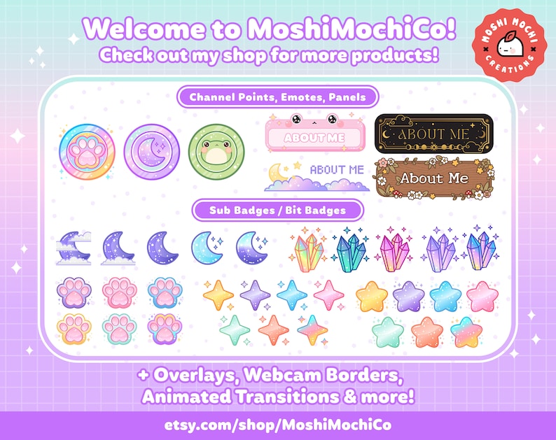 May include: A collection of digital illustrations for Twitch streamers, including channel points, emotes, panels, sub badges, bit badges, overlays, webcam borders, and animated transitions. The illustrations feature a pastel color palette with cute animal and celestial designs.