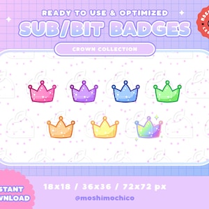 7x Twitch Sub Badges / Bit Badges - Cute Glossy Sparkle Bubble Crown Collection / Kawaii / Streamer / Aesthetic / Pastel / Rainbow / Stream