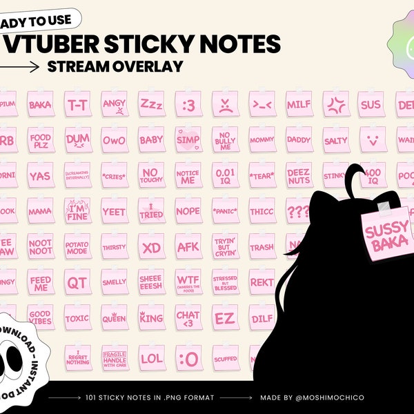 101 Pink Vtuber Sticky Note Set, Funny Stream Overlay, P2U Vtuber Stream Assets, Custom, PNGtuber, Streamer Setup, Cute Aesthetic, Cozy, Sus