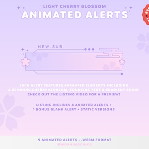 以下が含まれることがあります： ピンクとパープルのグラフィックで、「LIGHT CHERRY BLOSSOM ANIMATED ALERTS」というテキストと、ピンクと白の桜のグラフィックがあります。「NEW SUB」というテキストは、桜のグラフィックが描かれたピンクと白の横断幕の中にあります。「EACH ALERT FEATURES ANIMATED ELEMENTS INCLUDING A SPINNING CHERRY BLOSSOM, BOUNCING TEXT & GRADIENT SHINE! CHECK OUT THE LISTING VIDEO FOR A PREVIEW!」というテキストは黒文字で書かれています。「LISTING INCLUDES 8 ANIMATED ALERTS + 1 BONUS BLANK ALERT + STATIC VERSIONS」というテキストは黒文字で書かれています。「9 ANIMATED ALERTS - .WEBM FORMAT @MOSHIMOCHICO」というテキストは黒文字で書かれています。右上の角には、白い輪郭と白い桜のグラフィック、そして白い猫の顔が描かれた赤い円があります。円の中に「MOSHI MOCHI CREATIONS」というテキストが白文字で書かれています。