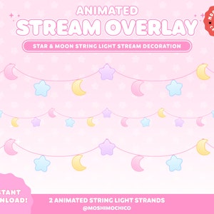 Könnte beinhalten: Animiertes Stream-Overlay mit Stern- und Mond-Lichterketten-Dekoration. Das Design zeigt pastellfarbene Sterne und Halbmonde, die an rosa Linien aufgereiht sind. Der Text lautet "Animated Stream Overlay" und "Instant Download!" mit dem Logo des Verkäufers.