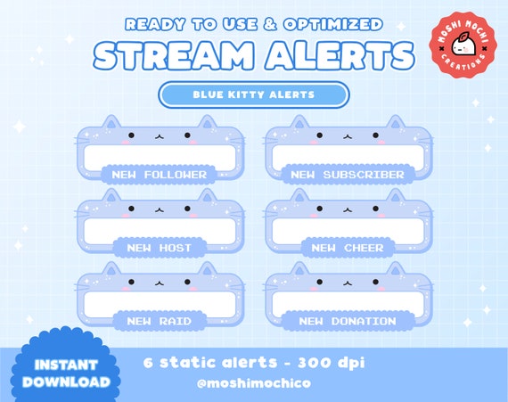 6x Twitch Cute Blue Sparkle Kitty Static Alerts New Follower Etsy