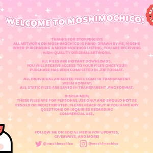 Puede incluir: Un fondo degradado rosa y amarillo con estrellas blancas. El texto dice "&iexcl;Bienvenido a Moshimochico!" e incluye informaci&oacute;n sobre descargas instant&aacute;neas, formatos de archivo y una renuncia sobre el uso personal &uacute;nicamente. El texto tambi&eacute;n incluye los identificadores de redes sociales para @moshimochico.