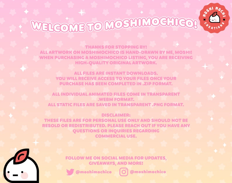 Puede incluir: Un fondo degradado rosa y amarillo con estrellas blancas. El texto dice "&iexcl;Bienvenido a Moshimochico!" e incluye informaci&oacute;n sobre descargas instant&aacute;neas, formatos de archivo y una renuncia sobre el uso personal &uacute;nicamente. El texto tambi&eacute;n incluye los identificadores de redes sociales para @moshimochico.