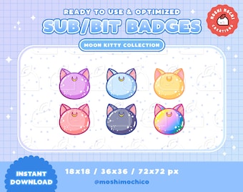 Twitch Sub Badges / Bit Badges / Emote - Cute Glossy Moon Kitty Cat Collection / Kawaii / Streamer