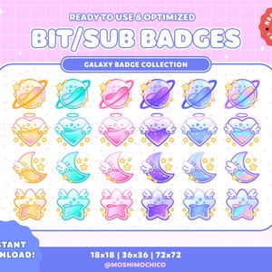 Twitch Galaxy Sub Badges / Bit Badges / Cosmic Sparkle Space Collection / Kawaii / Streamer / Starry Theme / Heart / Moon / Planets / Stars