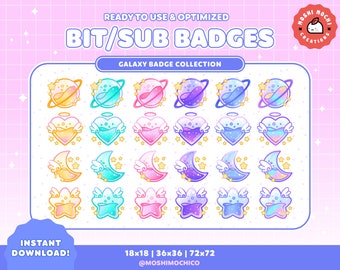 Twitch Galaxy Sub Badges / Bit Badges / Cosmic Sparkle Space Collection / Kawaii / Streamer / Starry Theme / Heart / Moon / Planets / Stars