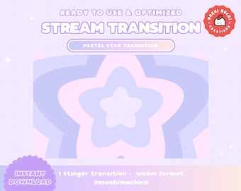 May include: A pastel purple and pink star transition animation for streaming. The animation features a star shape with a white center and a purple outline. The text "Pastel Star Transition" is displayed in a white box.