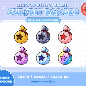 6x Twitch Sub Badges / Bit Badges / Emote - Cute Sparkle Bell Bag Money Collection / Kawaii / Streamer