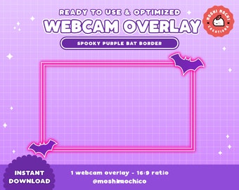 May include: Purple and pink webcam overlay with a spooky purple bat border. The overlay has a 16:9 aspect ratio and says "READY TO USE & OPTIMIZED WEBCAM OVERLAY SPOOKY PURPLE BAT BORDER INSTANT DOWNLOAD 1 webcam overlay - 16:9 ratio @moshimochico MOSHI MOCHI CREATIONS".