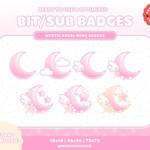 Pink Mystic Moon Sub Badges / Twitch Bit Badges / Pastel Sparkle Moon Collection / Floral / Kawaii / Streamer / Cloud / Pink / Light Theme