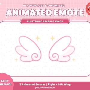 Op de afbeelding: Twee geanimeerde emoticons van roze vleugels met een swirl-ontwerp, elk met twee gele sterren. De emoticons bevinden zich op een roze achtergrond met witte stippen.