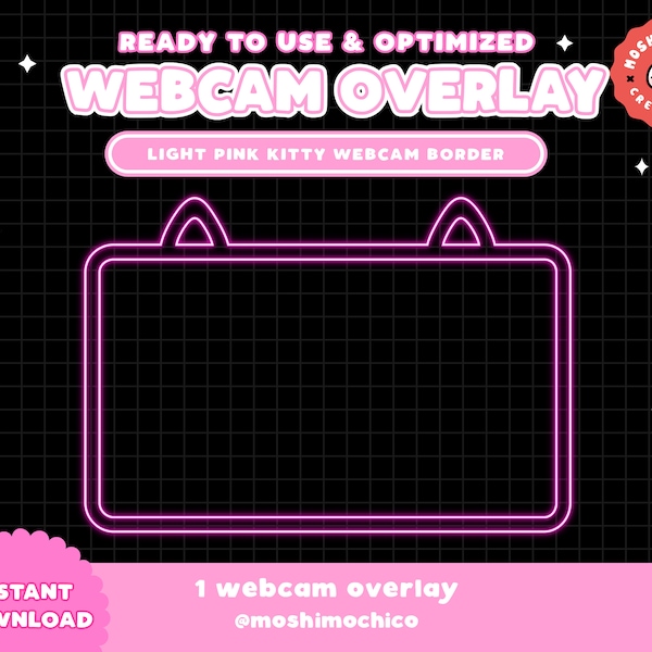 Twitch Neon Kitty Cat Webcam Overlay / Stream Graphics / Cam Overlay / Kawaii / Streamer / Sparkle / Animal / Light Pink Stream Border