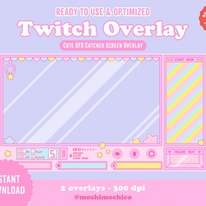 Op de afbeelding: Een pastelroze en blauw Twitch-overlay-ontwerp met een schattig UFO-catcher-thema. Het ontwerp bevat een chatbox, een prijsuitgangsgebied en afspeelknoppen. Tekst bevat "Twitch Overlay" en "Direct downloaden."