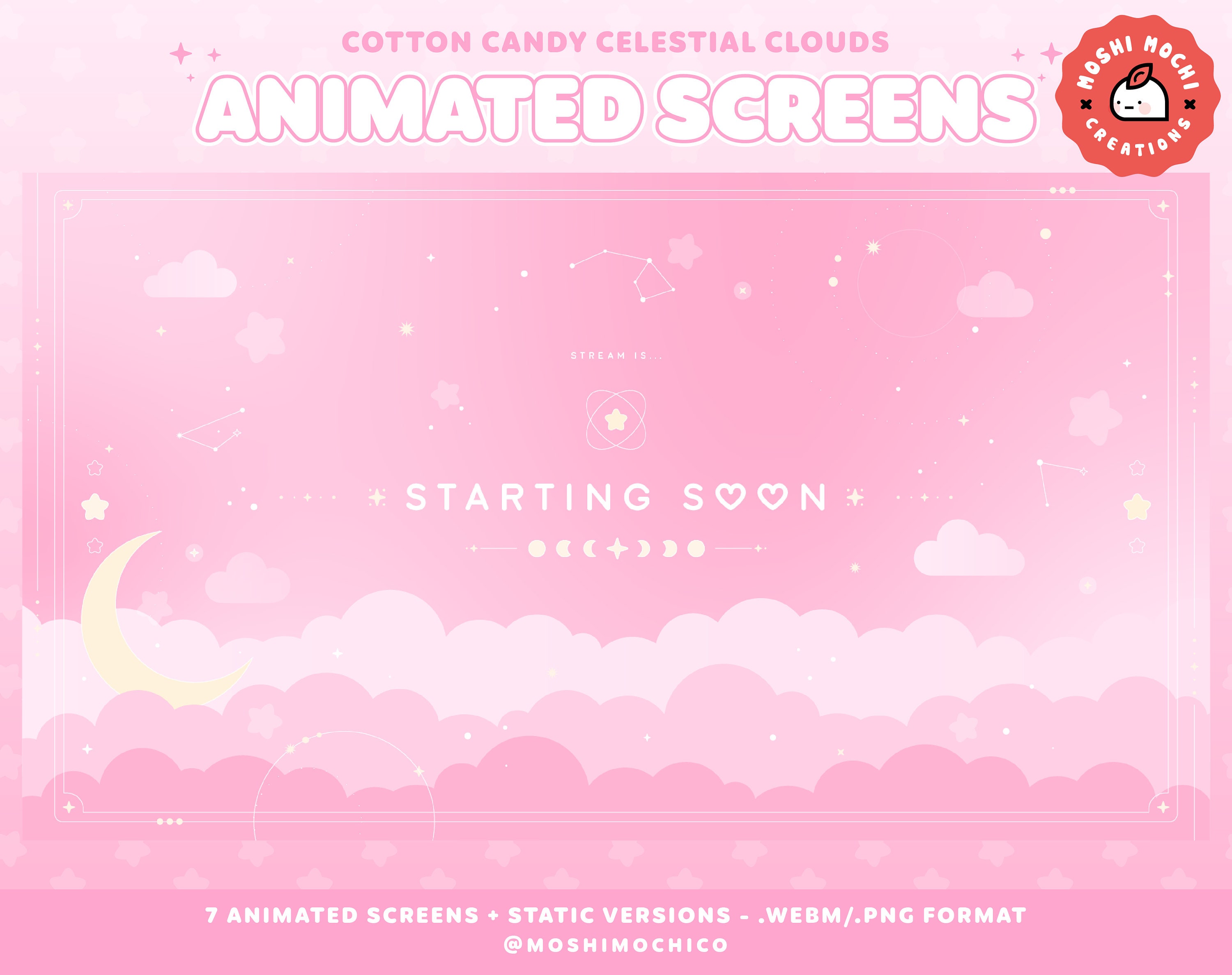 Animated Pink Celestial Cloudy Sky Screens For Twitch, Stream Scenes, Overlay Pack, Lofi Aesthetic, Starting Soon, BRB, Offline Screen