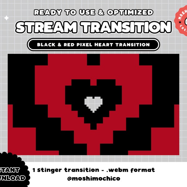Twitch Stinger Transition - Black and Red Expanding Pixel Hearts / Cute / Kawaii / Magic / Stream / Stream Setup / Aesthetic / 8bit