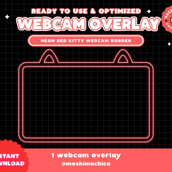 Twitch Neon Kitty Cat Webcam Overlay / Stream Graphics / Cam Overlay / Kawaii / Streamer / Sparkle / Animal / Red Stream Border