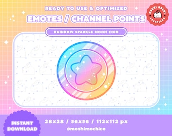 Puede incluir: Un emoji de moneda de luna con brillo arcoíris con una estrella en el centro. El emoji está listo para usar para los puntos de canal de Twitch o Discord. La imagen muestra tres tamaños diferentes: 28x28, 56x56 y 112x112 píxeles.