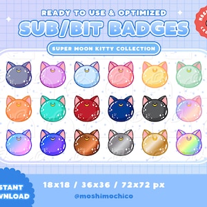 18x Twitch Sub Badges / Bit Badges / Emote - Super Cute Glossy Moon Kitty Cat Collection / Kawaii / Streamer