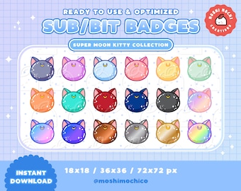 18x Twitch Sub Badges / Bit Badges / Emote - Super Cute Glossy Moon Kitty Cat Collection / Kawaii / Streamer