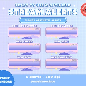 May include: Six customizable Twitch stream alerts with a cloudy aesthetic. The alerts are for new subscribers, followers, cheers, hosts, raids, and donations. The alerts are pink and blue with a pixelated design.