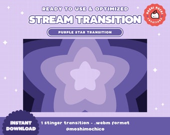 May include: Purple star transition animation for streaming. The animation features a purple star with a layered effect, creating a dynamic and eye-catching transition. The text "STREAM TRANSITION" and "PURPLE STAR TRANSITION" is displayed above the animation.