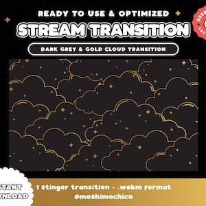 Twitch Stinger Transition | Stream Transition | Grey Gold Cloud | Celestial | Cute Stream Setup | Kawaii | Sparkle | Overlay | Screen