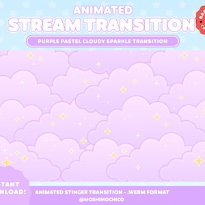 紫色の雲のような輝きのスティンガートランジション、Twitch スティンガートランジション、かわいいシーン、アニメーションオーバーレイ、空のテーマ、ソフトパステルの美学、Lofi