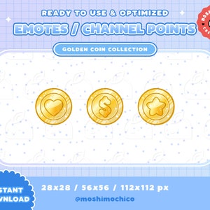 Twitch Golden Coin Emotes / Channel Points / Badges / Kawaii / Streamer / Heart / Star / Money / Donation / Gold