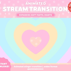 Puede incluir: Transici&oacute;n animada de transmisi&oacute;n con corazones pastel suaves que se expanden en formato webm. La transici&oacute;n se titula "Transici&oacute;n de transmisi&oacute;n animada Corazones pastel suaves en expansi&oacute;n". El texto "Moshi Mochi Creations" est&aacute; en un c&iacute;rculo con un personaje de dibujos animados en el centro.
