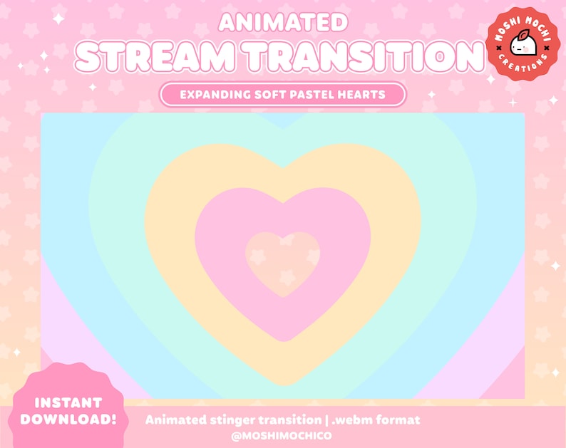 Puede incluir: Transici&oacute;n animada de transmisi&oacute;n con corazones pastel suaves que se expanden en formato webm. La transici&oacute;n se titula "Transici&oacute;n de transmisi&oacute;n animada Corazones pastel suaves en expansi&oacute;n". El texto "Moshi Mochi Creations" est&aacute; en un c&iacute;rculo con un personaje de dibujos animados en el centro.