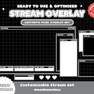 May include: A black and white pixel art style stream overlay set with a customizable design. The set includes a large main window, a chat window, a follower window, a subscriber window, a new donor window, and a hearts window. The overlay is ready to use and optimized for streaming.