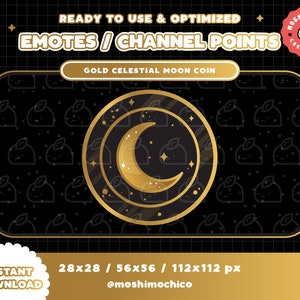 Celestial Gold Moon Coin Channel Point / Emote / Badges / Kawaii / Stream Pack / Streamer Graphics / Galaxy / Star / Sparkle