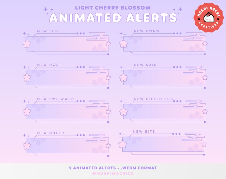 以下が含まれることがあります： 桜の花のテーマで、薄いピンクと紫のカラーリングで、TwitchまたはYouTubeのストリーム用のアニメーション通知9つ。通知には、「新規サブスクライバー」、「新規寄付」、「新規ホスト」、「新規レイド」、「新規フォロワー」、「新規ギフトサブスクリプション」、「新規チア」、「新規ビット」が含まれています。