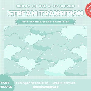 May include: A digital transition animation featuring a mint green cloud pattern with white stars. The animation is in webm format and is ready to use for streaming.