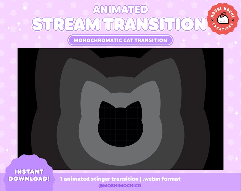 K&ouml;nnte beinhalten: Animierte Stream-Transition mit einer schwarzen Katzensilhouette mit einem Gittermuster im Inneren. Die Transition ist im Webm-Format und tr&auml;gt die Bezeichnung "Monochrome Katzen-Transition".