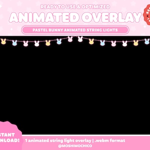 Könnte beinhalten: Animierte Überlagerung von pastellfarbenen Hasen-Lichterketten für die Videobearbeitung. Die Überlagerung liegt im Webm-Format vor.  BEREIT ZUR VERWENDUNG & OPTIMIERTE.  PASTEL BUNNY ANIMATED STRING LIGHTS.  INSTANT DOWNLOAD! 1 animierte Lichterketten-Überlagerung | .webm-Format @MOSHIMOCHICO