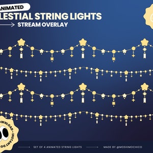 May include: Set of four animated string lights featuring stars and circles in a yellow colour. The lights are displayed against a blue background. The text "INSTANT DOWNLOAD" is within a circle with two eyes. The text "SET OF 4 ANIMATED STRING LIGHTS" and "MADE BY @MOSHIMOCHICO" are at the bottom of the image.