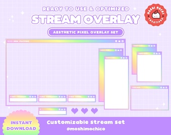Twitch Rainbow Aesthetic Pixel Computer Customizable Screen Overlay Set / Streamer Graphics / Kawaii / Streamer / Sparkle / Pastel / Heart