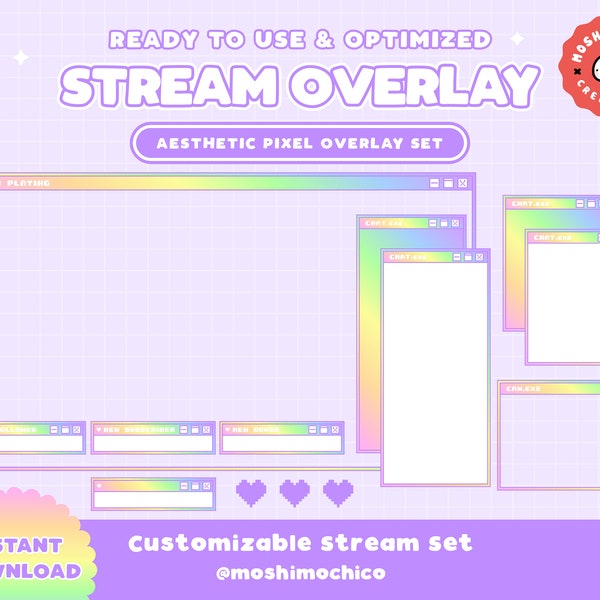 Twitch Rainbow Aesthetic Pixel Computer Customizable Screen Overlay Set / Streamer Graphics / Kawaii / Streamer / Sparkle / Pastel / Heart