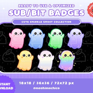 May include: Set of eight animated ghost badges in various pastel colors with sparkles. The badges are in a square frame with a black background. The text "SUB/BIT BADGES" is at the top of the frame. The text "CUTE SPARKLE GHOST COLLECTION" is below the badges. The text "18x18 / 36x36 / 72x72 px" is at the bottom of the frame. The text "@moshimochico" is below the size text.