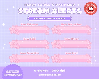 6x Twitch Cute Pink Cherry Blossom Static Alerts / New Follower / Subscriber / Host / Raid / Japan / Japanese / Cute / Kawaii / Aesthetic