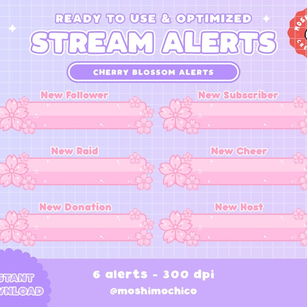 6x Twitch Cute Pink Cherry Blossom Static Alerts / New Follower / Abonné / Hôte / Raid / Japon / Japonais / Mignon / Kawaii / Esthétique