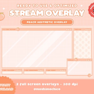 Puede incluir: Superposición de transmisión estética de melocotón con dos superposiciones de pantalla completa. La superposición presenta un diseño de melocotón con un patrón de cuadrícula y un fondo de color melocotón. El texto "READY TO USE & OPTIMIZED" y "STREAM OVERLAY" está en negrita. El texto "PEACH AESTHETIC OVERLAY" está en un tamaño más pequeño. El texto "INSTANT DOWNLOAD" está en negrita. El texto "2 full screen overlays - 300 dpi" está en un tamaño más pequeño. El texto "@moshimochico" está en un tamaño más pequeño. El texto "HOSHI MOCHI CREATIONS" está en un tamaño más pequeño.