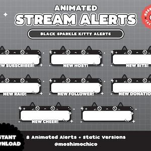 Animated Twitch Alerts | Cute Sparkle Kitty Theme | Cat Stream | Black and White | New Follower | Subscriber | Host | Raid | Setup | Custom