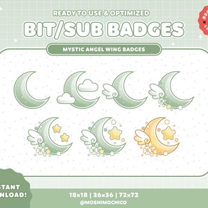 May include: Set of six digital badges featuring crescent moons with angel wings and stars. The moons are in shades of green and yellow with white accents. The badges are available in three sizes: 18x18, 36x36, and 72x72 pixels.